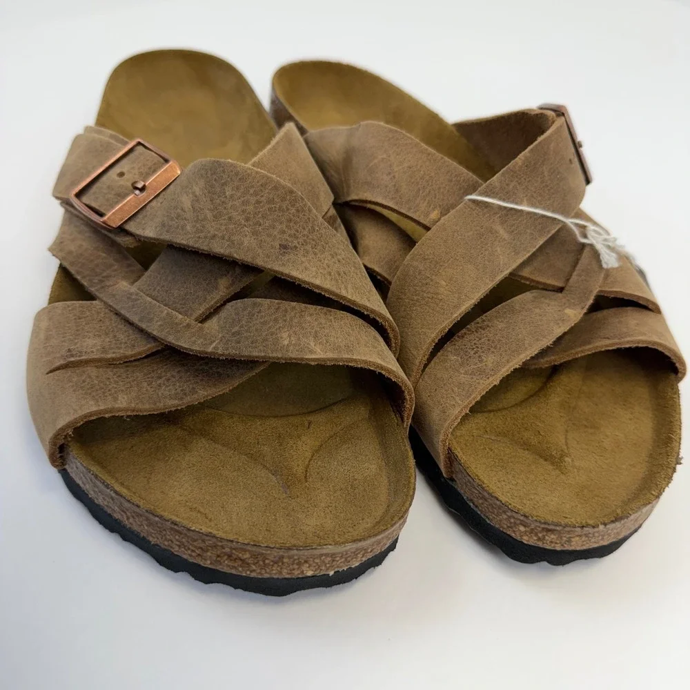 Birkenstock Lugano Oiled Leather Sandals Tobacco Brown Mens 44 M11 1017466 NWT